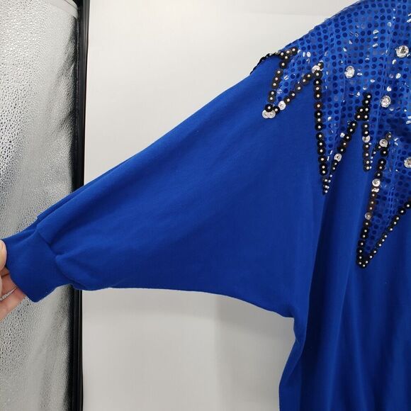 Vintage 80's Bling Sweatshirt Womens Large Blue Sequin Rhinestones Dolman Sleeve - Picture 10 of 13